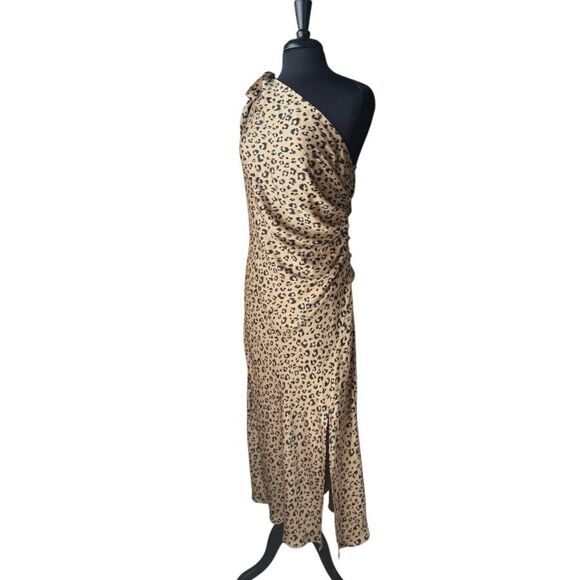 A New Day Black + Brown Satin Leopard Print One Shoulder Tea Length Dress - Picture 5 of 9